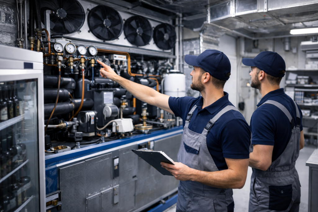 Gewerbliche Kälteanlage mit Kältetechnikern bei Prüfung und Inbetriebnahme durch CSE Kälte- & Wärmetechnik